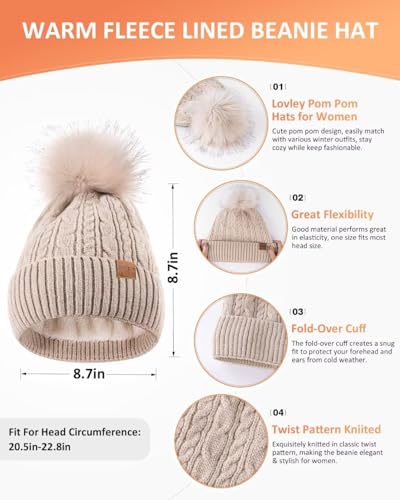 FISFET Mütze, Schal & Handschuh-Sets für Damen, Beanie Mütze Damen Winter mit Bommel Fleece Gefütterte, Touchscreen Handschuhe Schal Wärmer Cap 3 in 1 Set(Haferflocken)
