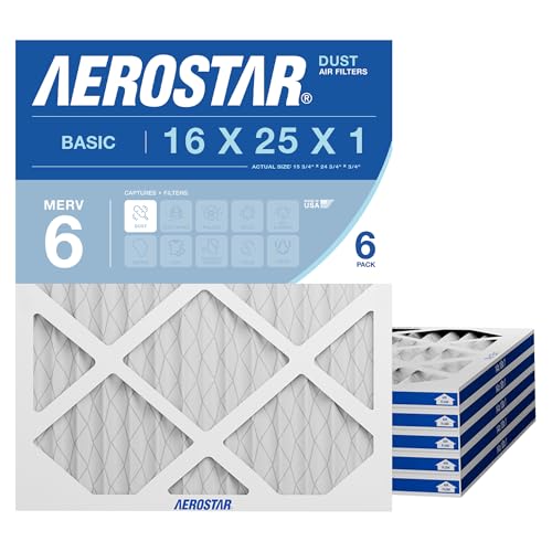 Aerostar 16x25x1 MERV 6 Pleated Air Filter, AC Furnace Air Filter, 6 Pack (Actual Size: 15 3/4"x 24 3/4" x 3/4")
