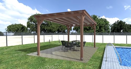 Pérgola de Madera para Exterior - Linea ESTANDAR VIP, 3 x 3 Metros, Techo Machihembrado con Capa Asfáltica, Estructura Maciza (Nogal)