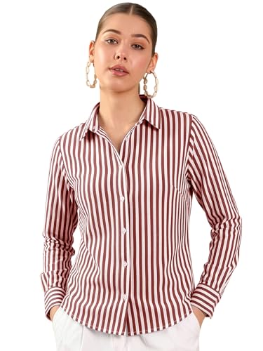 Image of Aahwan Solid Button Up Drop Shoulder Vertical Stripe Pattern Casual Long Sleeve Shirt for Women's & Girl's
