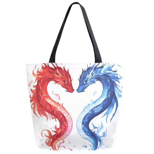 Blue and Red Dragons Extra Large Canvas Gym Shoulder Tote,Durable Reusable Daily Top Handle Bag for Mens Womens Yoga Weekender Picnic Beach Travel Market Shopping