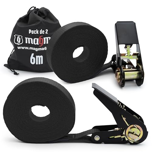 MAGMA 2 Correas de Trinquete 6m, 800Kgf/unit. Cinchos, Cinchas de Amarre, Eslingas con Carraca, Remolque Baca Kayak Tabla de Surf Piraguas Canoa Bicicleta Moto, Longitud Ajustable. Negro