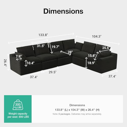 Image of Novilla 133.8 inch Modular Cloud Couch, Modern Sectional Sofa with Smarts Coil Support, Chenille Fabric, Upholstered Couch for Living Room Apartments Bedroom, No Assembly, 6 Seater, Dark Grey