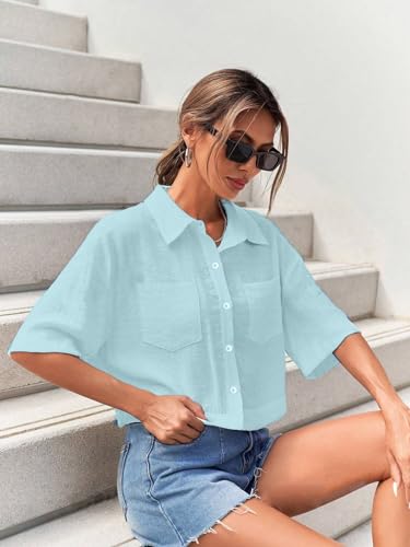 Image of TOPLOT V-Collar Solid Crop Shirt for Women with Half Sleeves, Polyester, Regular Fit