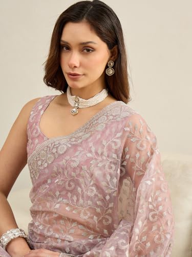 Image of AKHILAM Women's Net Embroidered Saree With Unstitched Blouse Piece