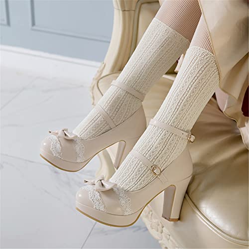 Image of MEOTINA Cute Bow Heels Mary Janes Shoes Women Dress Platform Strappy High Heels Kawaii Shoes