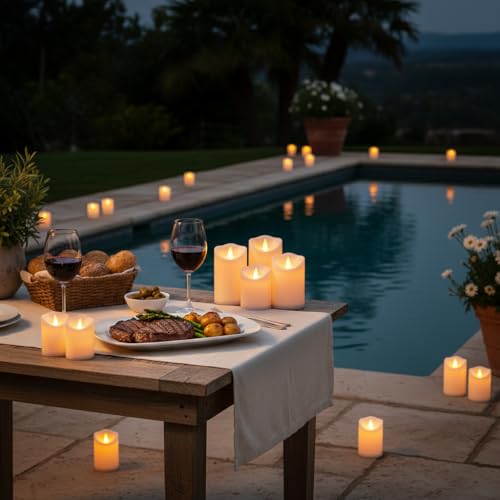 Image of Artmarry Flameless Candles Outdoor Indoor Pillars Battery Operated Flickering Candles Include 10-Key Remote Timer 400+ Hours by 2 AA Batteries (White Candle - Warm Light, 3 inch D x 4 inch|5 inch|6 inch H - 9 Pack)