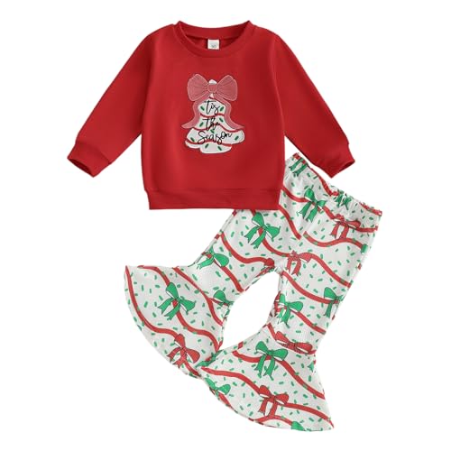 Toddler Girl Christmas Outfit Embroidery Bow Christmas Tree Shirt Flare Pant Christmas Clothes 12M 18M 2T 3T 4T 5T - Main Image