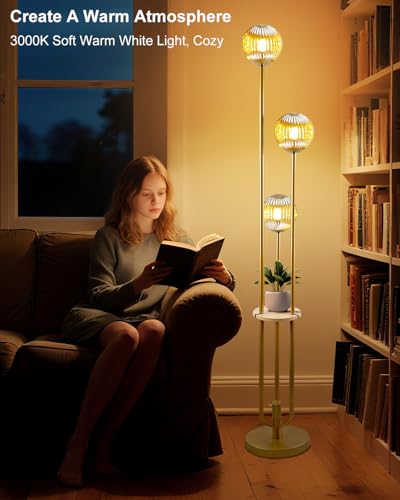 Image of Lightdot Amber Glass Floor Lamp with Shelf 63IN Dimmable Mid Century Modern Gold Standing Lamps 3000K Bulbs Included Globe Floor Lamp with 5Lbs Heavy Base for Living Room /Wedding /Sofa Beside /Corner