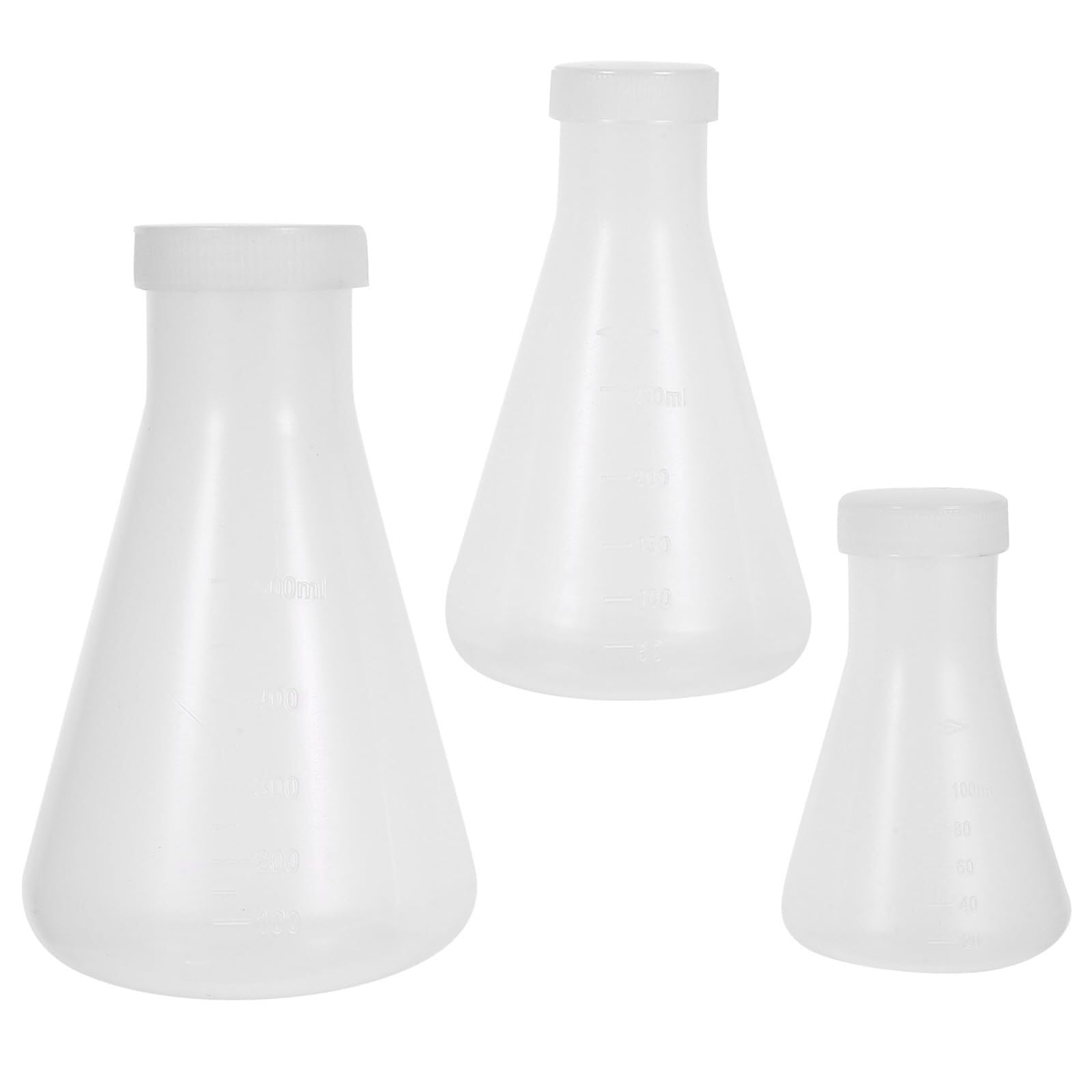 Set de Matraces de Erlenmeyer de Plástico - 3 Piezas Matraces Cónicos con Tapón de Roscas, Transparentes con Escala para Experimentos Científicos de Laboratorio (100ml, 250ml, 500ml)
