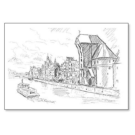 Polen Gdansk gammal stad och berömd kran, polsk Zuraw. Illustration – klassisk kylskåpsmagnet