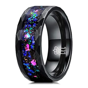 THREE KEYS JEWELRY Alianças de casamento masculinas femininas de tungstênio 8 mm e 4 mm Galaxy Series com opala sintética incrustada, Metal, Sem pedra preciosa