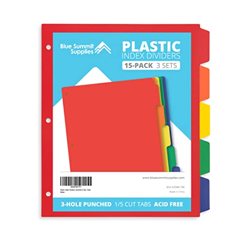 Blue Summit Supplies 5 Tab Heavy Duty Plastic Dividers for 3 Ring Binder, 15 Pack, Assorted Colors, 5 Tab Index Plastic Binder Dividers with Tabs and 3 Hole Punch, for Notebooks, Letter Size