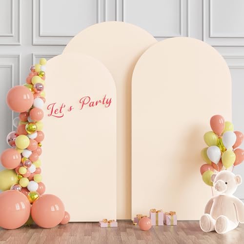 Image of Wokceer Wedding Arch Backdrop Cover (7.2FT, 6.6FT, 6FT) Set of 3 Spandex Fitted Beige Arch Covers Round Top Chiara Arches Covers Stretchy Backdrop for Birthday Party Ceremony Banquet Decor
