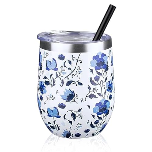 Image of 12 oz Insulated Wine Tumbler with Lid and Straw,Stainless Steel Stemless Wine Tumbler Glasses Double Wall Vacuum Wine Cups Tumbler Bulk for Coffee,Cocktail,Office（Blue and White Porcelain,1）