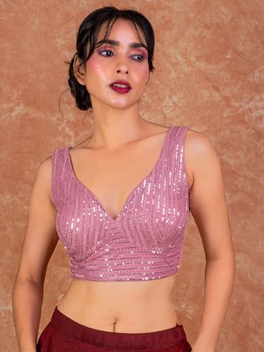 Image of FIGURE'S DESIGNER Women's Sequin Embroidered SabyaSachi Cut Sweetheart V Neck Sleeveless Readymade Saree Blouse E30