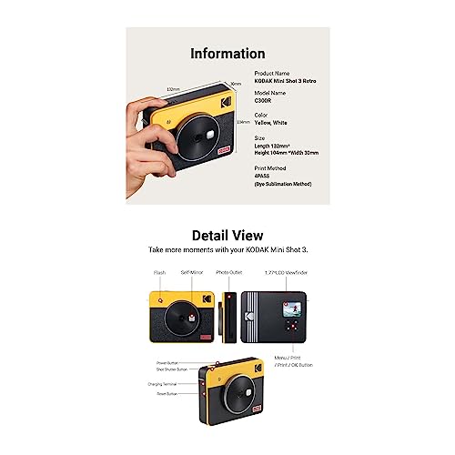 KODAK Mini Shot 3 Retro 3x3 Instant Camera, Photo Printer, 38 Sheet, Yellow | Bluetooth, iPhone & Android Smartphone Compatible, 13MP Camera, Retake Before Printing, Water, Fingerprint & Fade Resistant