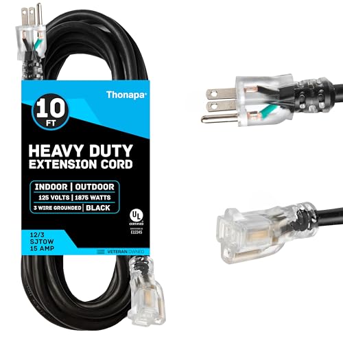 THONAPA 12 Gauge Heavy Duty Extension Cord 10 Ft, SJTOW Oil Resistant & Flame Retardant Black Extension Cord with 3 Prong 10 Foot, 12/3 Black Outdoor Electrical Cable Great for Farm, Ranch & Workshop