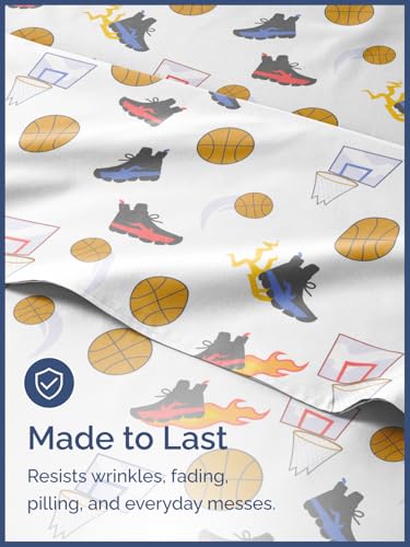 Image of Kids Full Size Basketball Bed Sheets - 4 Piece Kids Basketball Sheet Set | Basketball Themed Bedding, Ultra-Soft, Cute & Cozy, Breathable & Machine Washable, Bed Set for Boys, Girls & Teens & Cooling
