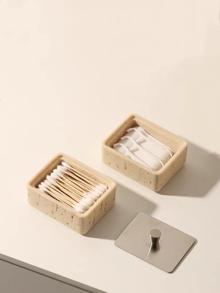 Nordic yellow hole stone toothpick dental floss cotton swab storage box holder desktop decoration decoration luxury jewel box (Silver Lid)