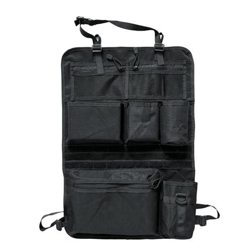 Taktischer Autositz Organizer - 42x62cm taktische Sitzrücken-Organizer mit 2 Netztaschen 3 Taschen 1 Reißverschlusstasche 1 Becherhalter & MOLLE-System- Ideal für Camping Reisen(Schwarz)