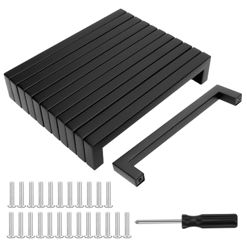 Lot de 12 poignées de cuisine Noir Acier inoxydable Espacement 160 mm Vis incluses Carrées tendance Cuisine, tiroir, armoire, meuble