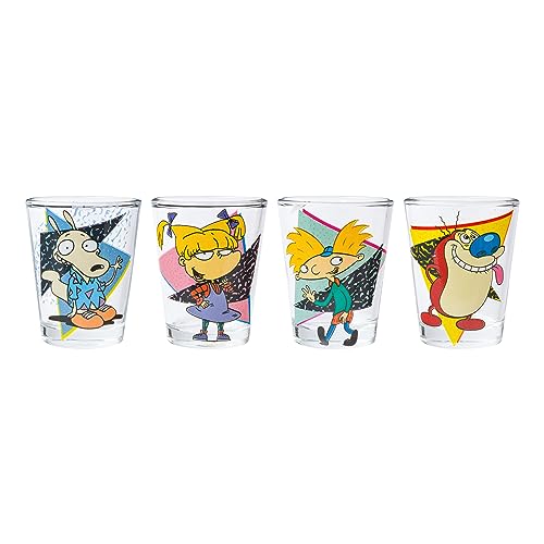 Image of Silver Buffalo Nickelodeon Retro Featuring Rocko, Angelica, Stimpy, and Arnold 4 Pack Mini Glass Set, 1.5 Ounces