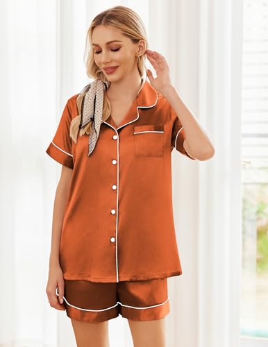 Image of Ekouaer Womens Silk Satin Pajama Sets Soft Short Sleeve Button Down Sleepwear Top and Shorts 2 Piece Pjs Lounge Set