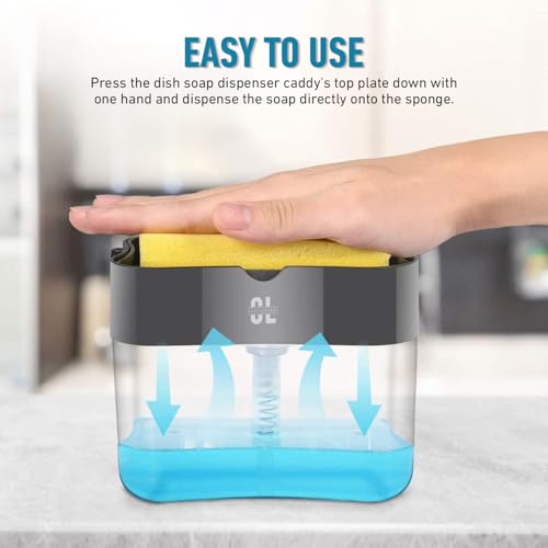 Image of 2 in 1 Soap Dispenser for Kitchen Sink | Plastic Dish Soap Pump Dispenser with Sponge Holder | Liquid Soap Dispenser for Bathroom Wash Basin | Leak Proof Countertop Organizer