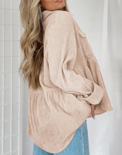 Womens Corduroy Peplum Shirts Tops Cute Long Sleeve Button Down Blouses with Pockets4