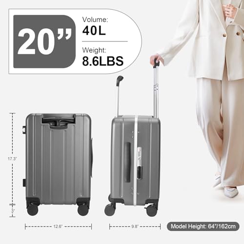 MRPLUM Carry On Luggage Double Handle Suitcase with Net Pocket,Hard Shell Spinner Wheels Luggage with TSA Lock&Seat Belt,20 inch,Grey2