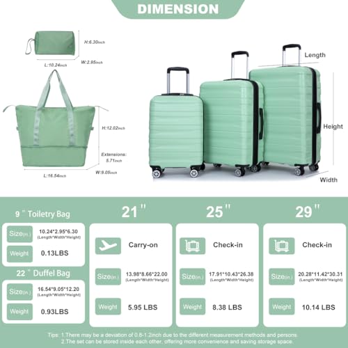 Expandable Hard PC Luggage Set of 5 Pieces with 360° Spinner Wheels, Lightweight Rolling Luggage for Travel, Light Green2