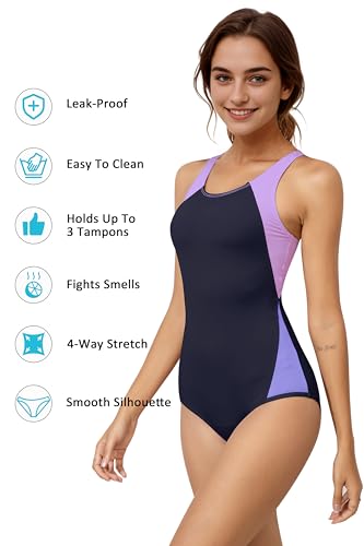 Image of Beautikini Period Swimwear One Piece Leakproof Menstrual Swimsuit Racerback Color Block Bathing Suit for Teen Girls Women