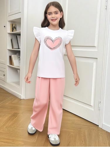 Image of Yoxindax Girls' 2-Piece Clothes Bow Print Zip-Up Hoodie Contrast-Color Wide-Leg Pants Winter 7-14Y Outfits Set