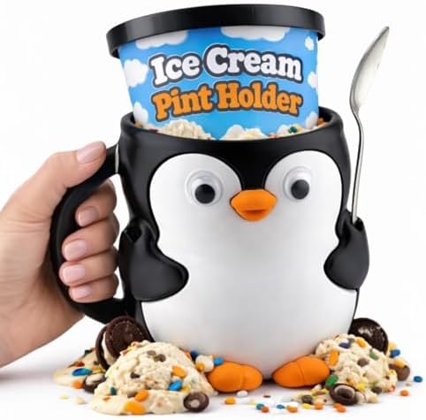 Penguin Ice Cream Pint Holder - Fits Standard 16 oz Pints - Compatible with Ramen Noodles - Dual Spoon Slots - Reusable Insulated Sleeve - Keeps Hands Warm - Fun Novelty Gift