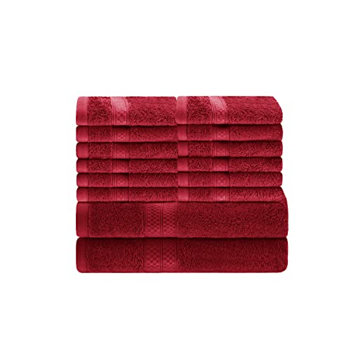 Superior Bath And Face Towel Set, Rayon From Bamboo Cotton Blend, Ideal For Bathroom, Guest Bathroom, And Beach 12 Piece Face/Washcloths 13” X 13" And 2 Piece Bath Towels 30” X 54”, Crimson #TOP5