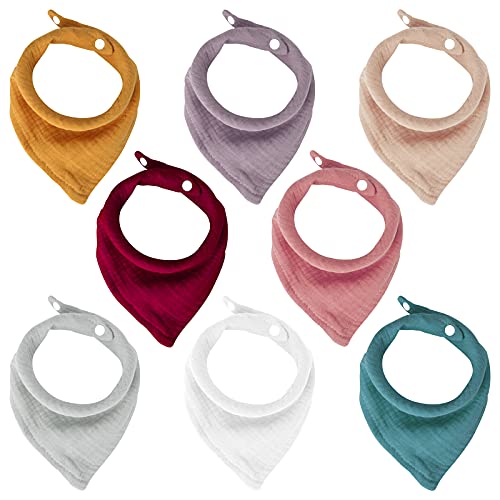 Image of Muslin Bandana Bibs, Baby Drool Bibs for Unisex Girls Boys, Size Adjustable Cloth Bibs w/Snaps for Newborn/0-24 Months Infant-Neutral Solid Bibs Pack - 8 Pack