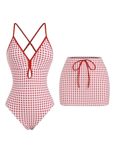 Image of ZAFUL Women's One Piece Swimsuit with Skirt V Neck Colorblock Bathing Suit | Front Cut Out Swimsuit Criss Cross One Piece Bathing Suit