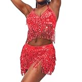 EARENT Belly Hip Skirt with Bra Top Sequins Tassel Dance Hip Scarf Rave Party Costume for Women (O-Red)