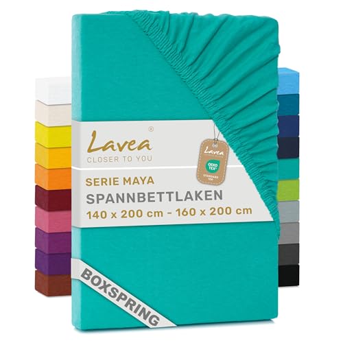Lavea Jersey Spannbettlaken 140-160x200cm - 40cm Steg für Boxspringbetten - Türkis, Weich & Atmungsaktiv - Premium Qualität, Pflegeleicht, Perfekte Passform - Ideal für Boxspringbetten