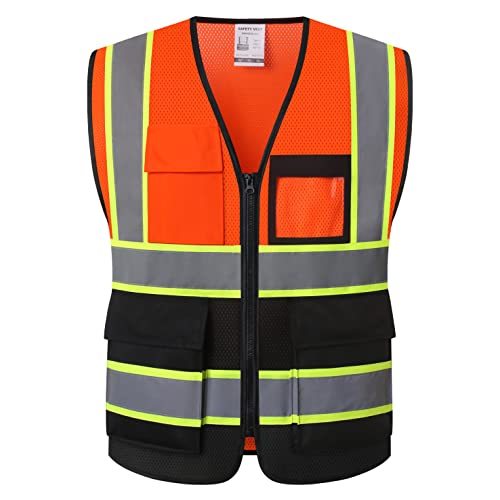 HATAUNKI Reflective Safety Vest for Men Women Hi Vis Vest with 8 Pockets High Visibility Mesh Reflective Vest Meets ANSI/ISEA Standards (Orange-Black-07, L) by HATAUNKI - Used condition - US$10.93