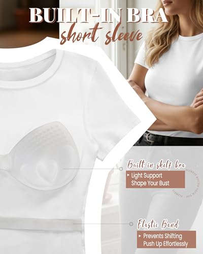 Image of Evervibe Women Built-in Bra Short Sleeve Shirts Crewneck T-Shirt Slim Fit Going Out Tops Summer Casual Basic Tees(White,Small)