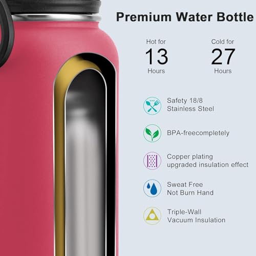 Image of koodee Insulated Water Bottle, 32oz Stainless Steel Double Wall Vacuum Wide Mouth Sport Bottle with Leakproof Spout Lid (Pink Red)