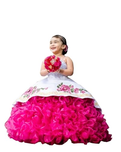 Hot Pink Floral Flower Patterns Ball Gowns for Toddler Infant Cupcake Flower Girl Dresses for Wedding with Straps Gold Embroidery White Satin Ruched 2