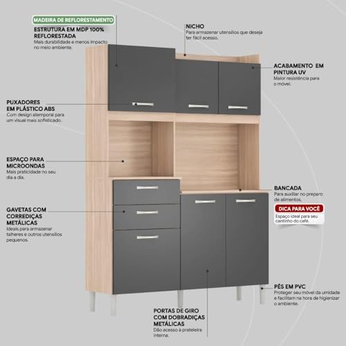 Armário de Cozinha 6 Portas 2 Gavetas Harmonia Demobile Avena Touch/Grafito
