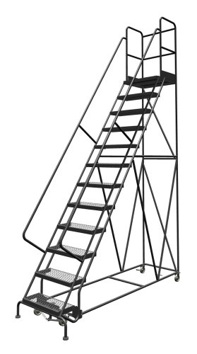 Image of Tri-Arc KDSR112242-D3 12-Step 30 inch Deep Top Steel Rolling Industrial & Warehouse Ladder with Handrails, 24 inch Wide Grip Strut Tread