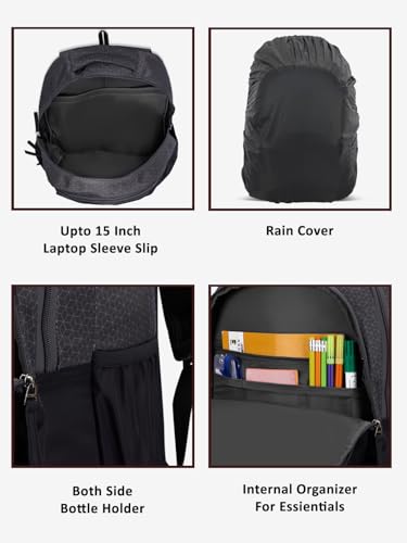 Image of Lavie Sport Akron 35L Black-Grey Backpack | Fits Upto 15 Inch Laptop | Organizer & Bottle Holder |Rain Cover |Pencil Pouch | Gift for Men, Women, Boys, Girls | Laptop Sleeve for School & College