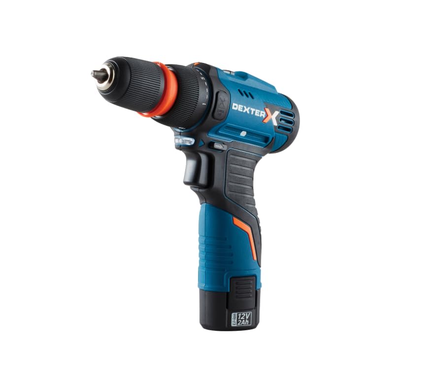 Dexter - Perceuse sans fil 12 V 2 Ah - Couple maximum 25 N.m + 1 batterie 2Ah - Légère et puissante - 2 vitesses - Projecteur LED - Garantie 5 ans