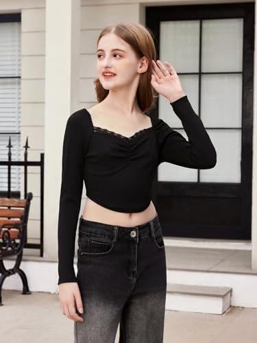 SOLY HUX Girl's Ruched Bust Lace Trim Crop Tops Square Neck Long Sleeve High Low Hem Tee Shirts4