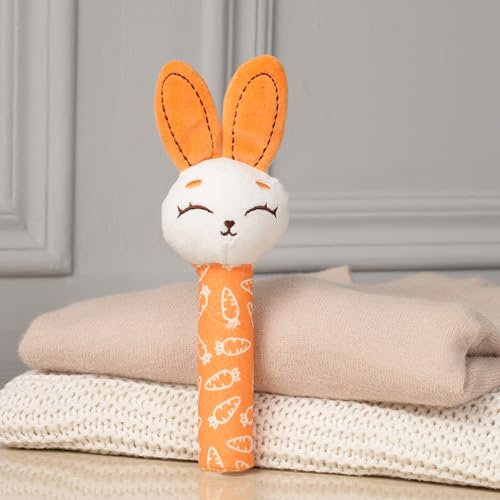 Image of Mirada Soft Plush Bunny Rattle Toy for Babies - 18cm Squeeze Handle with Squeaky Sound | Cute Toddler Toy for Early Skill & Sensory Development - 18cm